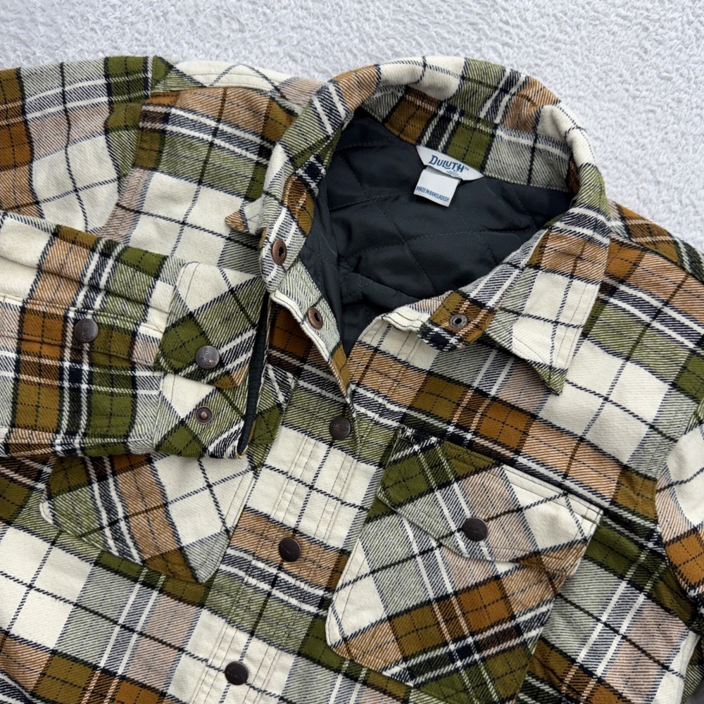 Duluth Trading Co‎ Womens Medium Quilted Flannel Shirt Jacket Plaid Olive Brown